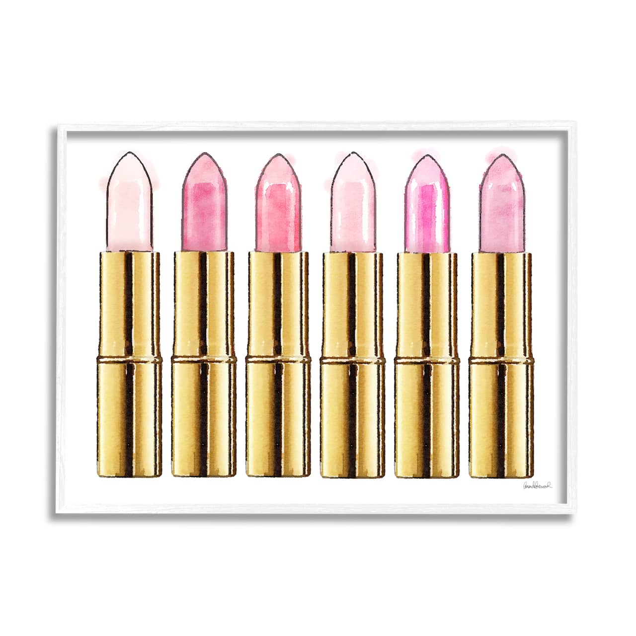Stupell Industries Pink Gold Lipstick Glam Fashion Watercolor in White Frame Wall Art